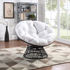 OSP Home Furnishings Wicker Papasan Chair with 360-Degree Swivel, Grey Frame with White Cushion Interior Design Per La Casa, Grey Frame, Papasan Chair, Black Cushions, White Cushions, Blue Cushions, Wood Dining Chairs, Grey Cushions, Bedroom Chair