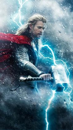 thor is holding an electric hammer in his hand and lightning behind him, as if he was