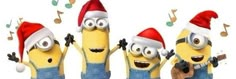 three minion characters wearing santa hats and holding musical instruments in front of music notes