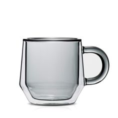 a glass cup with a handle on it