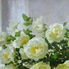 a painting of white roses in a vase