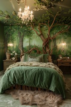 a green bedroom with a tree painted on the wall and chandelier hanging from the ceiling