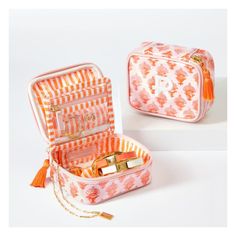 Featuring bold and playful vacation-ready prints, this zip-top jewelry case safely holds rings, bracelets, necklaces and more. Made from coated fabric that's easy to wipe clean, it's a travel-ready companion for weekend adventures or international jaunts. Add an embroidered monogram for a personal touch.  3" w x 4" d x 2" h  Two interior zip pockets: 4" w x 2.5" h  Polyester twill, PVC coating.  Clean with a damp cloth.  Imported.  Monogramming is embroidered. Rectangular Portable Travel Accessories Gift, Rectangular Portable Travel Accessories As Gift, Compact Multicolor Travel Bags, Preppy Bags, Weekend Adventures, Kids Pottery, Event Logo, Mark And Graham, Embroidered Monogram