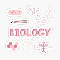 the word biology surrounded by various stickers and symbols in pink on a white background