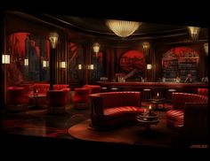 a dimly lit bar with red leather chairs