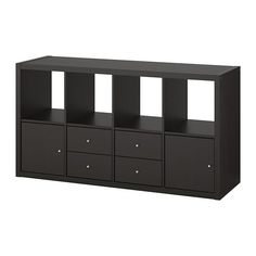 a black shelf with four drawers and three doors