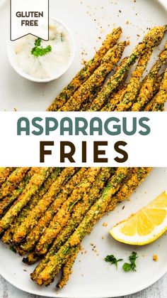 asparagus fries on a plate with dipping sauce