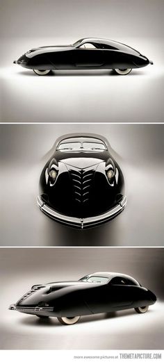 three different views of an old fashioned car in black and white, with the hood up