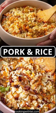 pork and rice in a white bowl with a wooden spoon next to the same dish