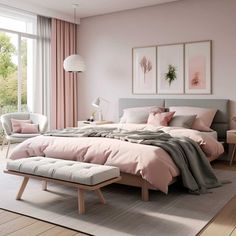 a bedroom with pink walls and grey bedding