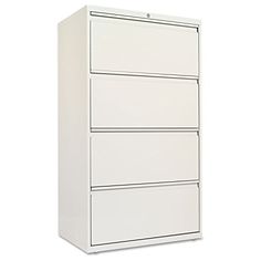 a white filing cabinet with three drawers on each side and one door open to reveal the bottom