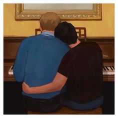 two people sitting at a piano in front of a painting