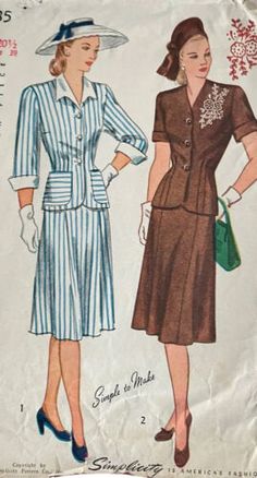 1940s Slim Dress Suit Bust 39 #VintageSewingPattern Simplicity 1935 Embroidery 2 | eBay 1935 Fashion Woman, 1940s Socialite, 1940s Womens Suits, 1940s Womens Fashion Dresses, 1940s Wartime Fashion, Vintage British Fashion, Late 1940s Fashion, Early 1940s Fashion, 1940-1950 Fashion