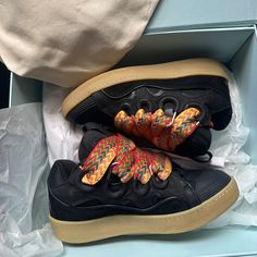 Black Lanvins, Size 8, Never Worn, And Box Is Damaged From Moving Not Doing Any Low Offers. Lanvin, Lanvin Curb Sneakers, Lanvin Shoes, Hype Shoes, Mens Shoes Sneakers, Black Red, Men's Shoes, Shoes Sneakers, Black And Red