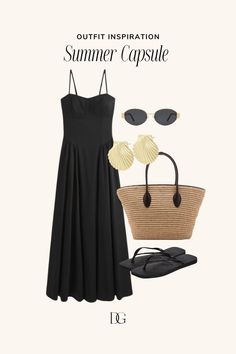 a black dress, sunglasses and purse with the words outfit inspiration summer capsule on it