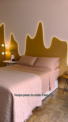 a bed sitting in a bedroom next to two lamps on either side of the bed