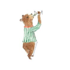 a watercolor drawing of a bear holding a trumpet in his hand and wearing a striped shirt