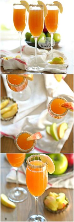 three different shots in glasses with fruit on the side and an orange garnish