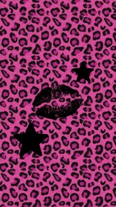 a pink leopard print with black stars on it and a woman's lips in the middle