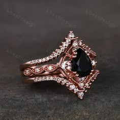 3PCS Vintage Black Onyx Engagement Ring Rose Gold Ring Art Deco Curved Stacking Band Pear Shaped Bridal Set Unique Moissanite Wedding Set - Etsy Vintage Black Engagement Rings, Black And Gold Engagement Ring, Engagement Rings Dark, Gothic Rings Engagement, Witchy Engagement Ring, Black Engagement Rings, Victorian Wedding Ring, Teardrop Engagement Ring, Black Sapphire Ring