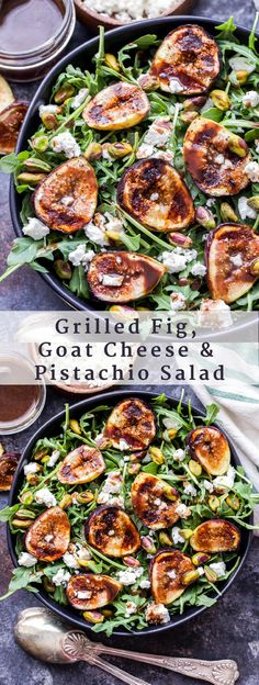 grilled shrimp, goat cheese and pesto salad in a cast iron skillet