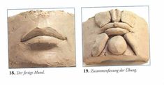 two pictures of sand sculptures with faces and words written below the image on each side