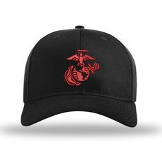 a black hat with red dragon embroidered on the front