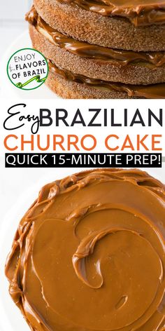 a cake with chocolate frosting on top and the words easy brazilian churro cake