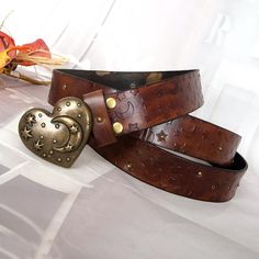 Hand dyed and embossed with antique silver color heart shape moon buckle Made from top quality Italian vegetable tanned leather Material: 100% Real Cow Leather Belt is 3,4 cm in width Buckle antique bronze color How to give your waistline? (look at the last picture!) You can track your order with the tracking number sent to you in any international tracking system. E.g. https://www.trackitonline.com https://www.17track.net For US customers: https://www.usps.com Thanks and happy shopping! Y2k Belts Aesthetic, Cute Belts For Women, Cow Belt, Cute Belts, Belts Aesthetic, Moon Belt, Heart Belt, Dragonfly Jewelry, Handmade Belts