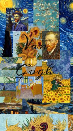 a collage of sunflowers and paintings with the words van gogh