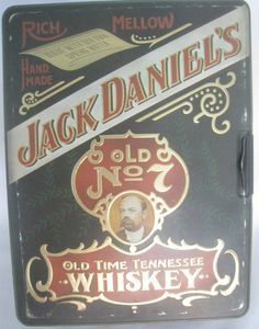 an old time tennessee whiskey tin with jack daniels's label on the front and side