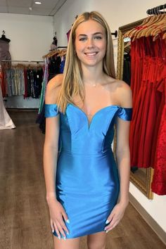 Off the Shoulder Blue Bodycon Satin Short Homecoming Dress