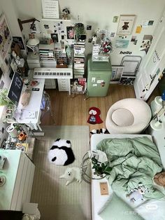 an aerial view of a bedroom with lots of clutter