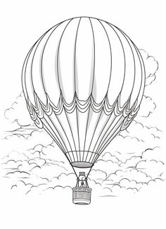 a hot air balloon flying in the sky with clouds behind it coloring page for kids