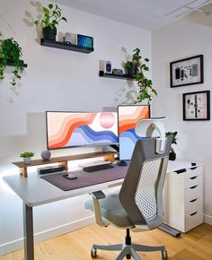 a desk with two computer monitors on top of it next to a potted plant