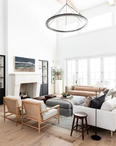 a living room filled with furniture and a fire place in the middle of a room