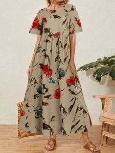 Olivia Mark - Vintage Print Loose Fit Short Sleeve Maxi Dress with Round Neck Vintage Print Dress, Beach Party Dress, Floral Print Dress Long, Loose Maxi Dress, Cotton Linen Dresses, Short Sleeve Maxi Dresses, Floral Dresses Long, Long Dress Casual, Vestidos Vintage