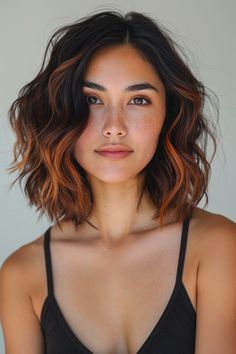 Dark Brown Hair Haircuts Medium, Shag Color Ideas, Ginger And Dark Brown Hair, Short Hair With Copper Highlights, Colored Streaks In Brown Hair, Dark Hair With Ginger Highlights, Black Hair Ginger Highlights, Dark Brown And Ginger Hair, Ginger Highlights In Black Hair