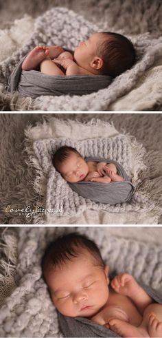 three pictures of a baby sleeping on top of a blanket