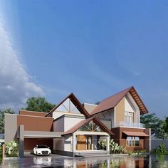 a car is parked in front of a house with a large driveway and water puddle