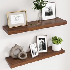 two wooden shelves with pictures and frames on them next to a potted green plant