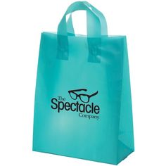 a blue shopping bag with the spectacle company on it's front and side handles