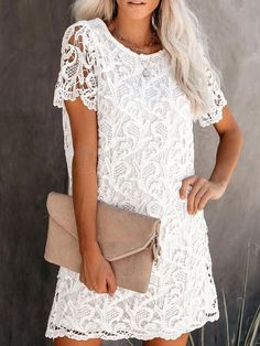 New casual and elegant round neck hollow lace midi dress - lojy-shop.myshopify.com White Dress Summer Casual, White Lace Maxi Dress, Crochet Mini Dress, Midi Dress Party, Lace Shift Dress, Straight Dress, Crewneck Dress, Mein Style, Short Sleeve Mini Dress