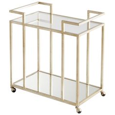 a gold metal and glass serving cart with wheels on the bottom, one section is open