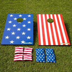 an american flag themed cornhole game set up on the grass with pieces cut out