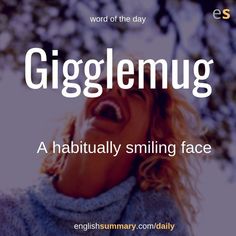 a woman laughing with her mouth open and the words gigglemug above her head