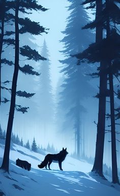 two wolfs standing in the middle of a snowy forest with pine trees on either side