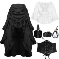 PRICES MAY VARY. Package Includes: the medieval cosplay accessories include 1 piece of off shoulder blouse (white), 1 piece of high low skirt (black), 1 piece of waist belt (black), 1 piece of waist pouch (black), 1 piece of belt (black) and 1 piece of cork potion bottle, which are matched and convenient to decorate yourself Delicate and Comfortable: the cosplay corsets for women come with the different size you can choose, it is white, which can match with your daily clothes easily, featuring w Steampunk Skirts, Female Pirate Costume, Steampunk Skirt, Gothic Skirt, Bustle Skirt, Gothic Skirts, Womens Long Dresses, Pleated Shirt, Women Skirt