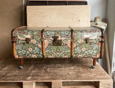 an old trunk sitting on top of a wooden table