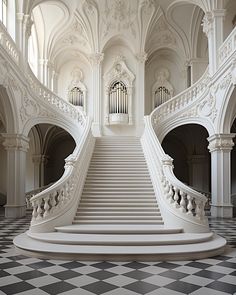 a large white staircase in an old building with black and white checkered flooring